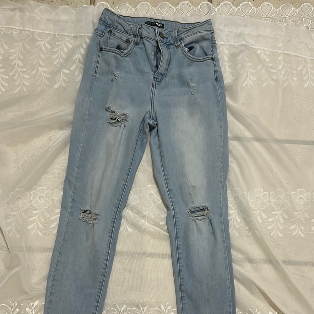 Fashion Nova Blue Skinny Jeans with Distressed Details